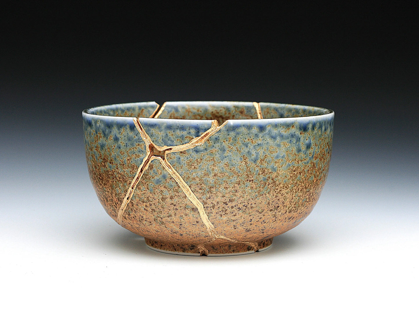Large Brown and Blue Kintsugi Bowl Front View - Kintsugi Reborn, LLC.