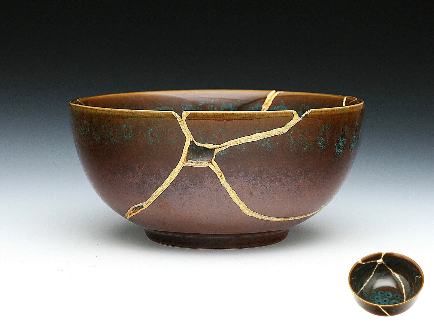 Large Brown Kintsugi Bowl with Peacock Pattern Kintsugi Reborn