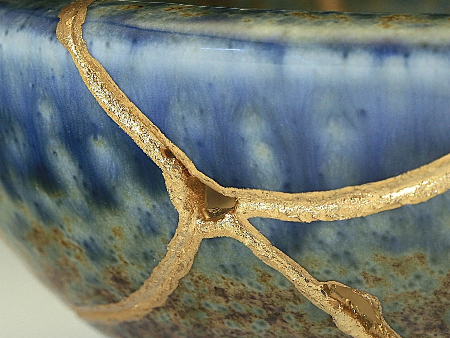 Medium Brown and Blue Kintsugi Bowl Kintsugi Reborn
