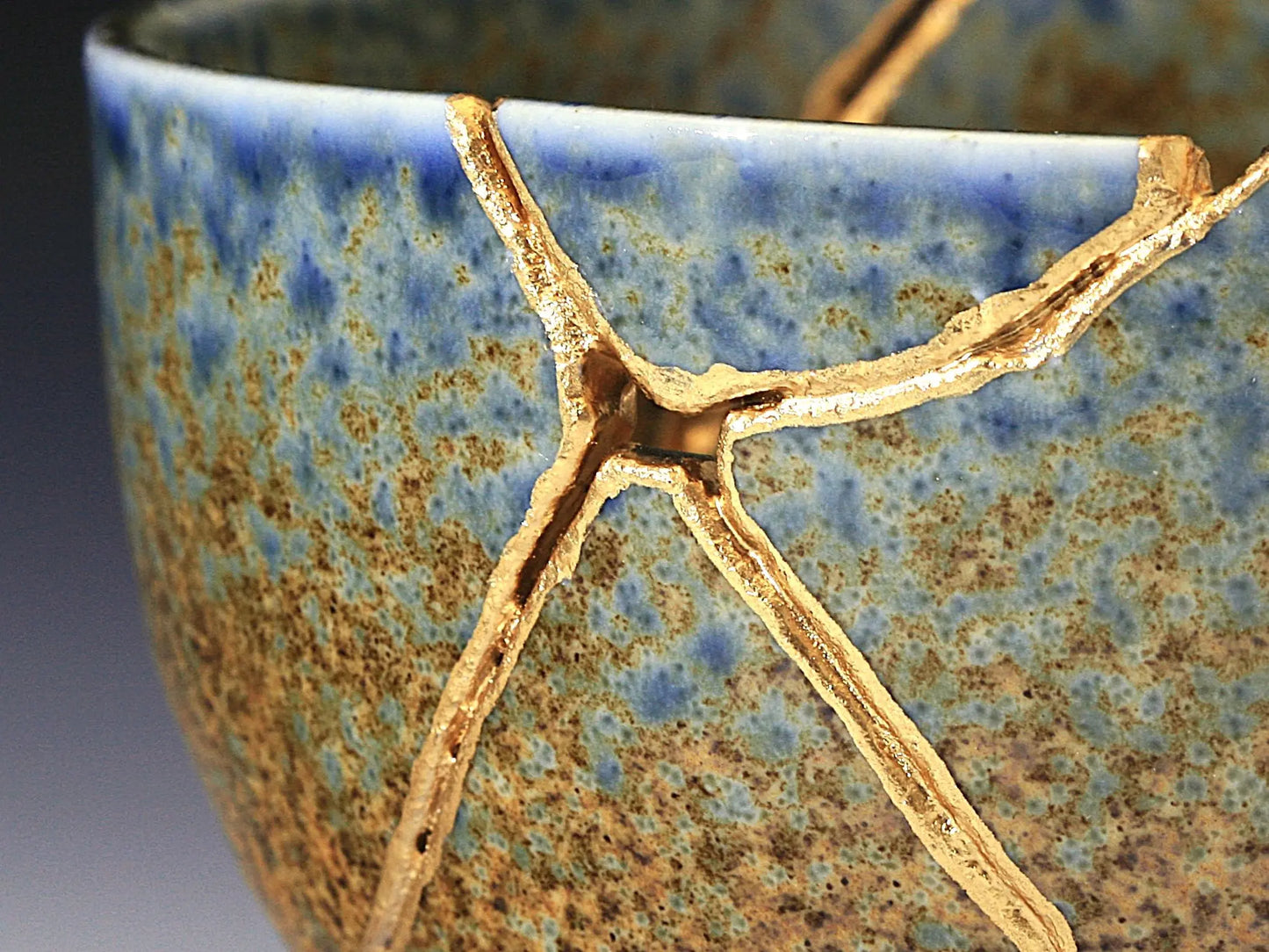 Large Brown and Blue Kintsugi Bowl Front View Close Up - Kintsugi Reborn, LLC.
