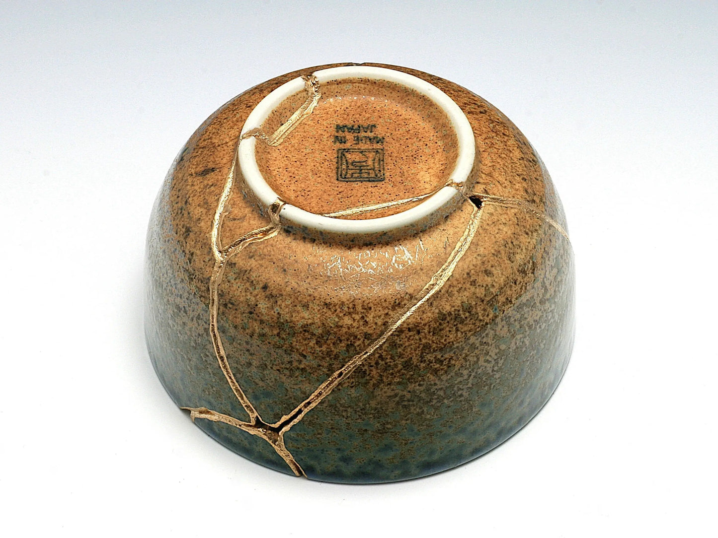 Large Brown and Blue Kintsugi Bowl upside down view - Kintsugi Reborn, LLC.