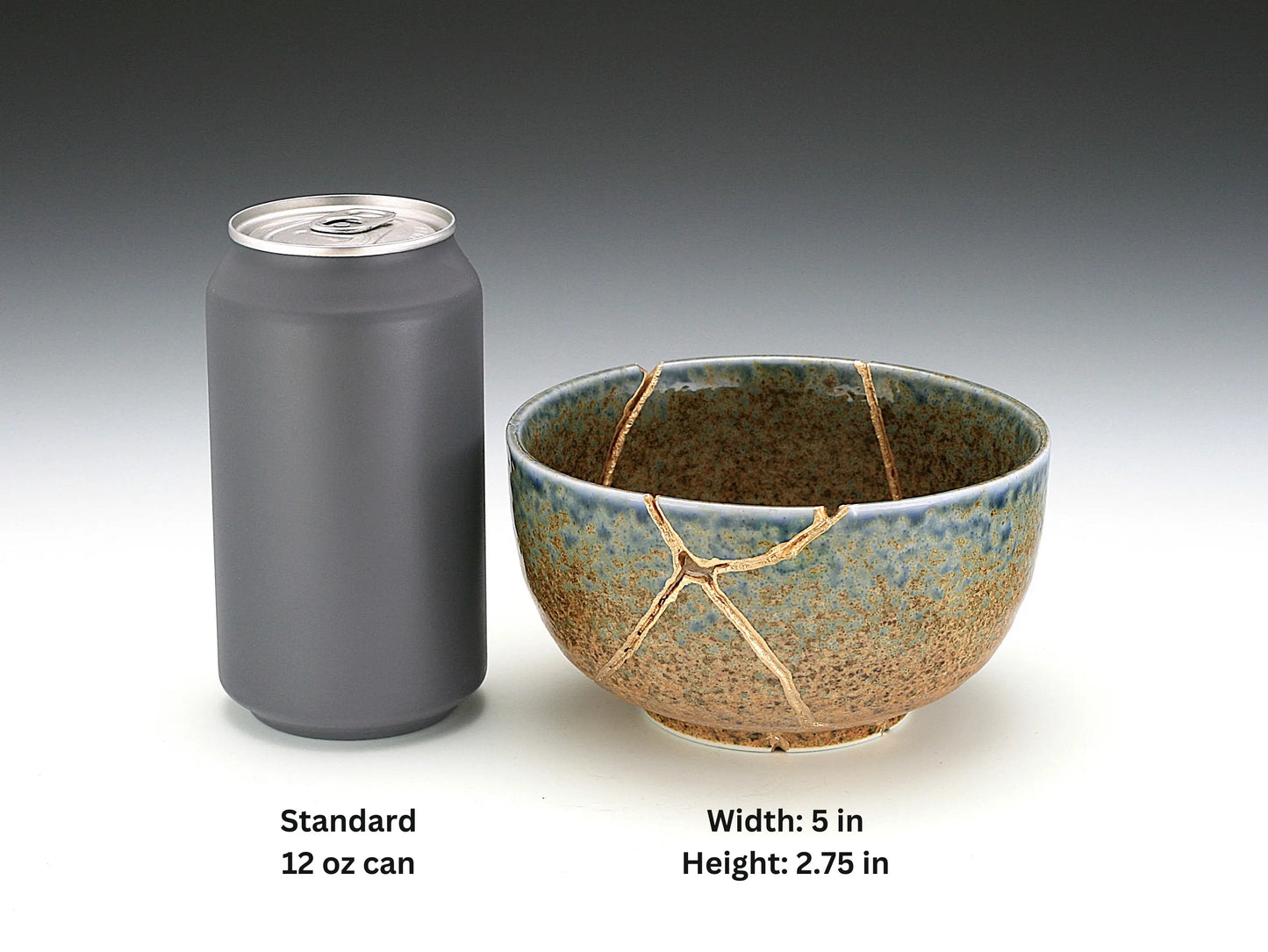Large Brown and Blue Kintsugi Bowl next to can with measurements showing size - Kintsugi Reborn, LLC.