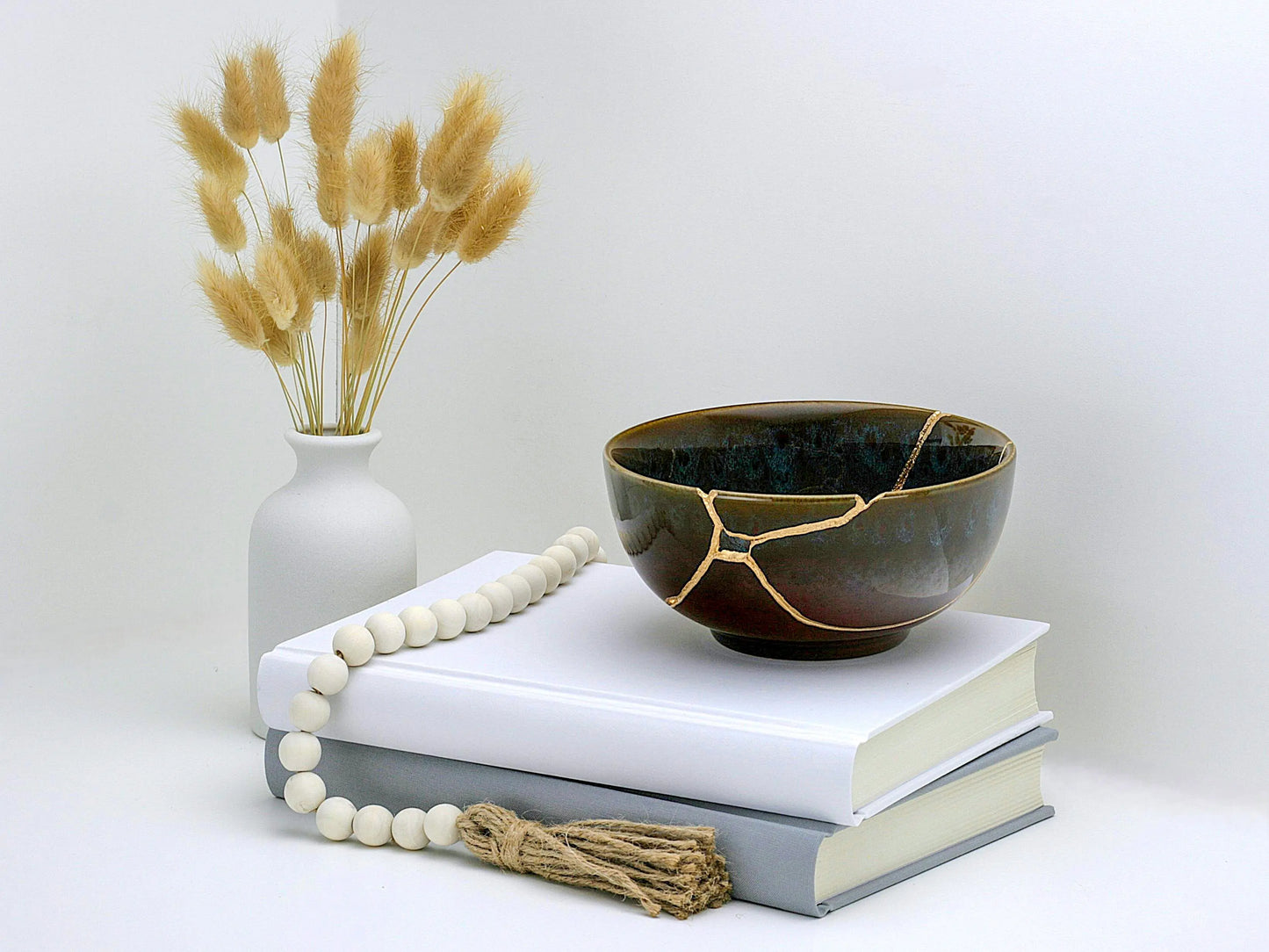 Large Brown Kintsugi Bowl with Peacock Pattern Kintsugi Reborn