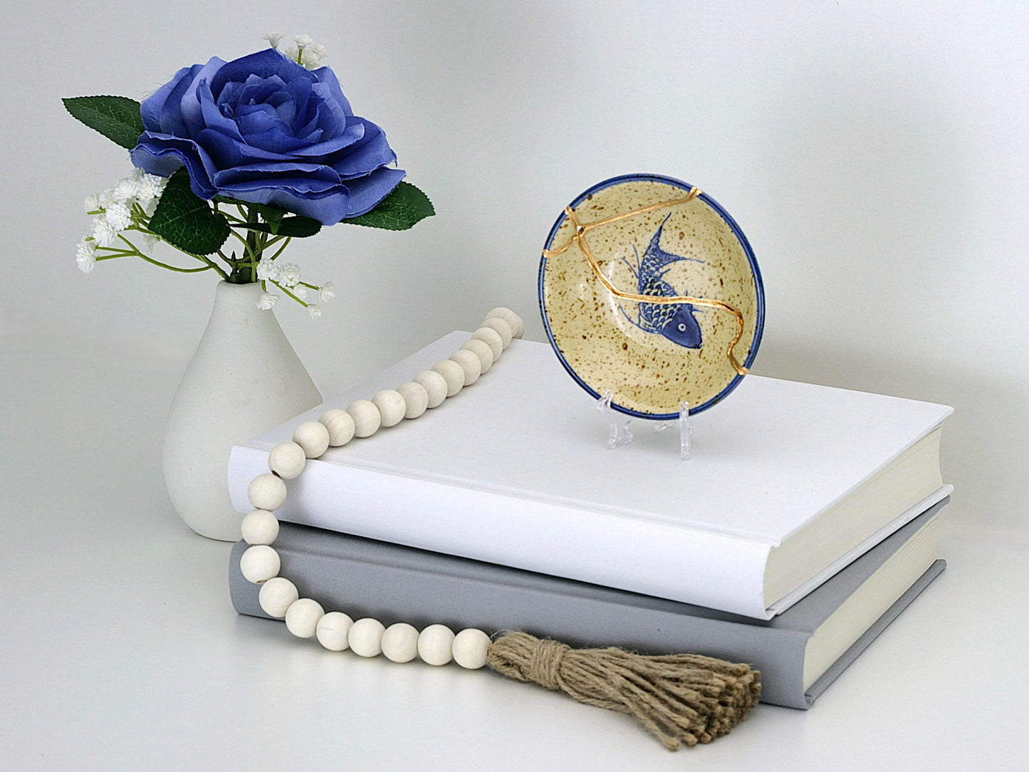 Small Beige Kintsugi Plate with Fish Image Kintsugi Reborn