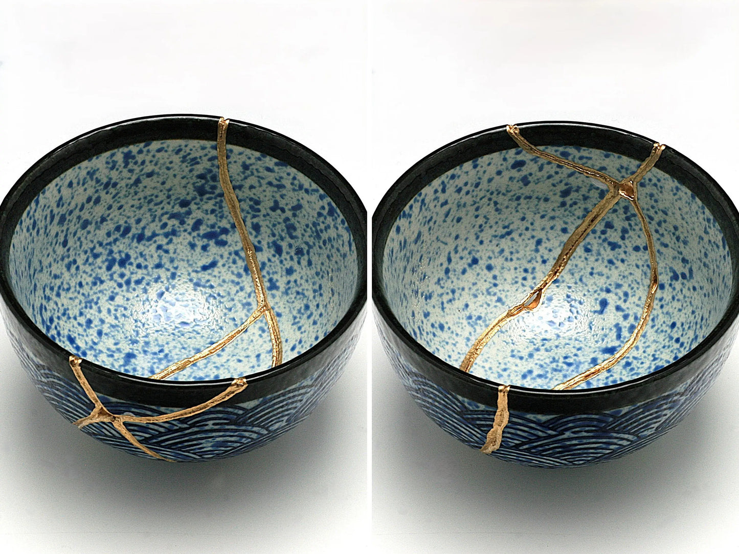 Medium Blue and White Kintsugi Bowl with Aranami Pattern Kintsugi Reborn