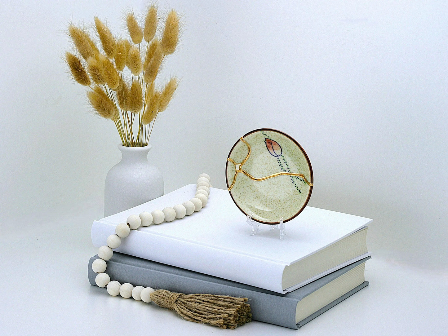 Small Beige Kintsugi Plate with Rose Image Kintsugi Reborn