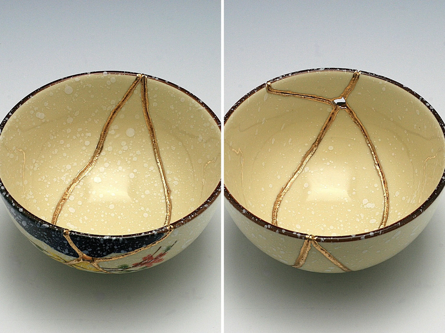 Medium Beige Kintsugi Bowl with Red and Yellow Flowers Kintsugi Reborn