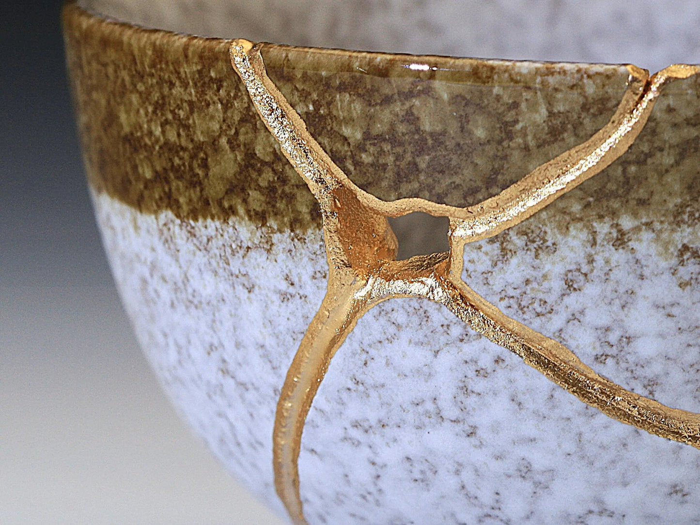 Medium Brown and White Kintsugi Bowl with Texture Kintsugi Reborn