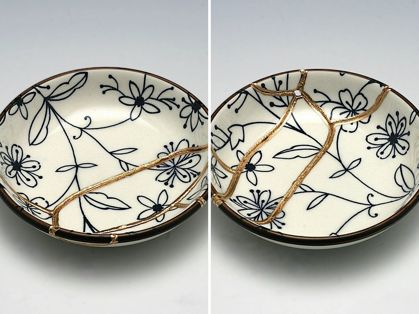 Small Blue and White Kintsugi Plate with Flower Images Kintsugi Reborn