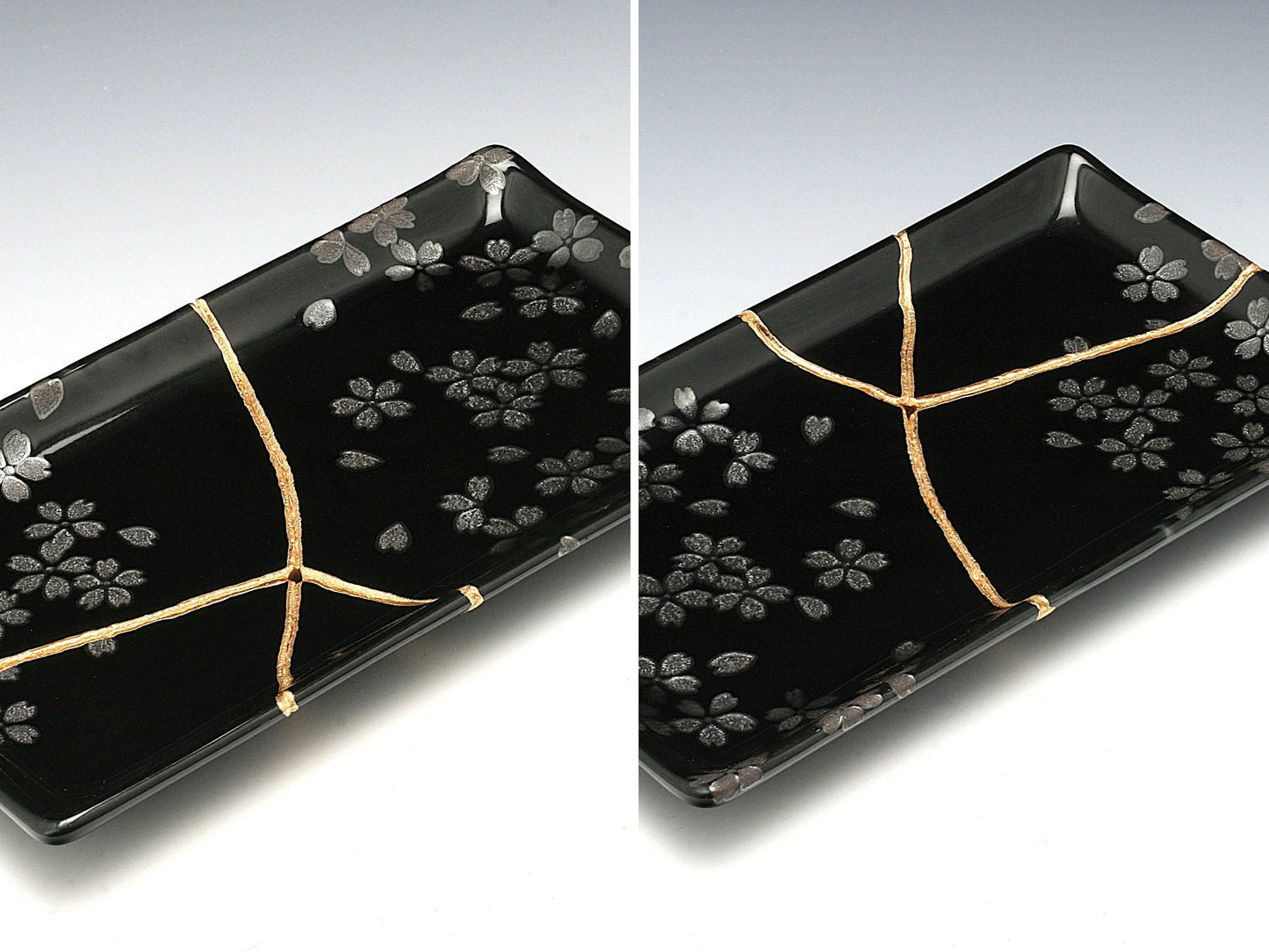Medium Black Kintsugi Plate with Sakura Pattern Kintsugi Reborn