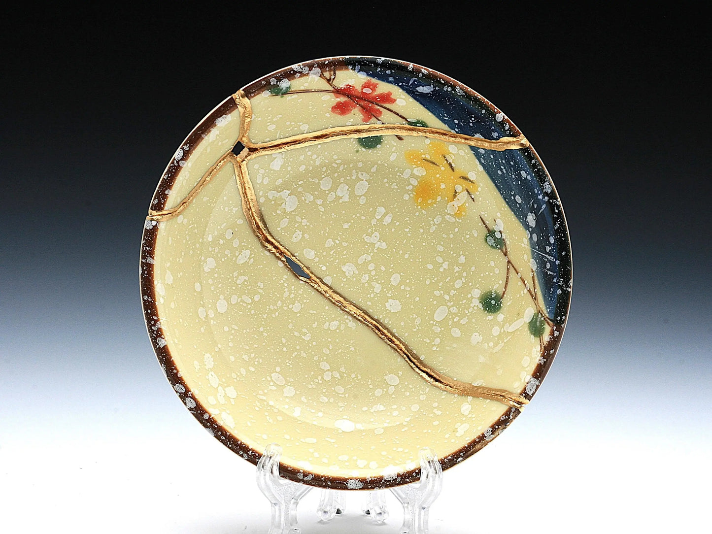 Small Beige Kintsugi Plate with Red and Yellow Flowers Kintsugi Reborn