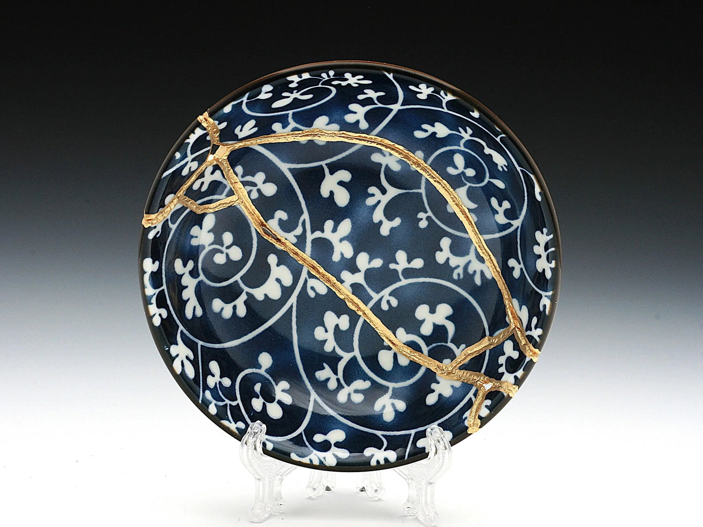 Small Blue and White Kintsugi Plate with Vines Kintsugi Reborn