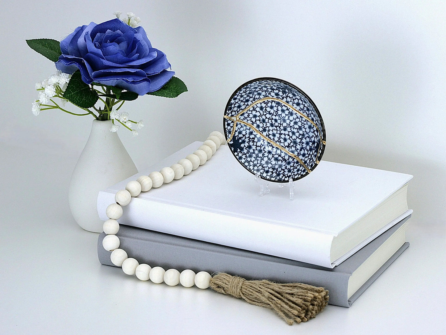 Small Blue and White Kintsugi Plate with Small Flowers Kintsugi Reborn