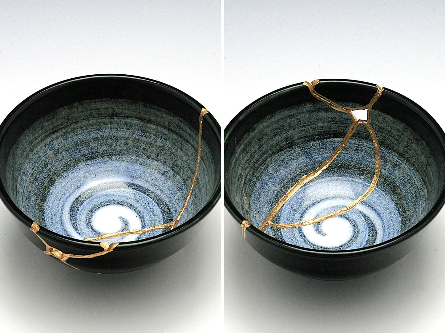 Medium Black and White Kintsugi Bowl with Swirl Pattern Kintsugi Reborn