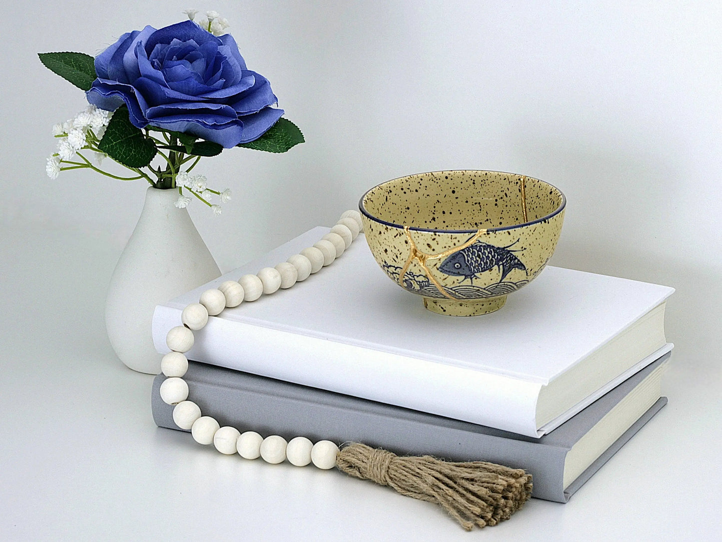 Medium Beige Kintsugi Bowl with Fish Image Kintsugi Reborn