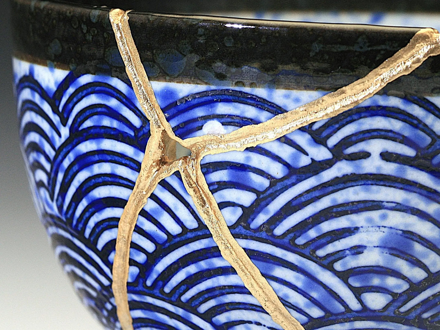 Medium Blue and White Kintsugi Bowl with Aranami Pattern Kintsugi Reborn