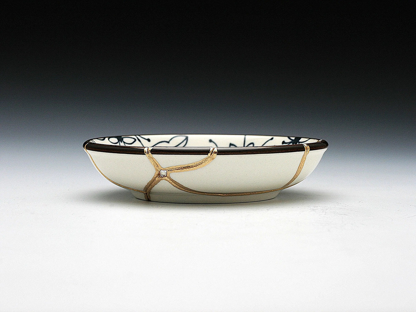 Small Blue and White Kintsugi Plate with Flower Images Kintsugi Reborn