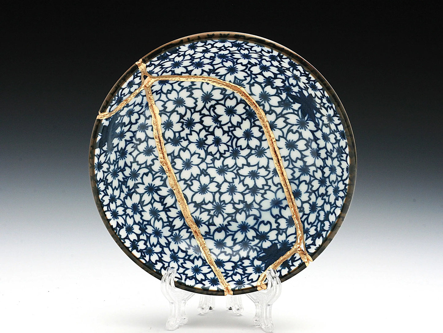 Small Blue and White Kintsugi Plate with Small Flowers Kintsugi Reborn
