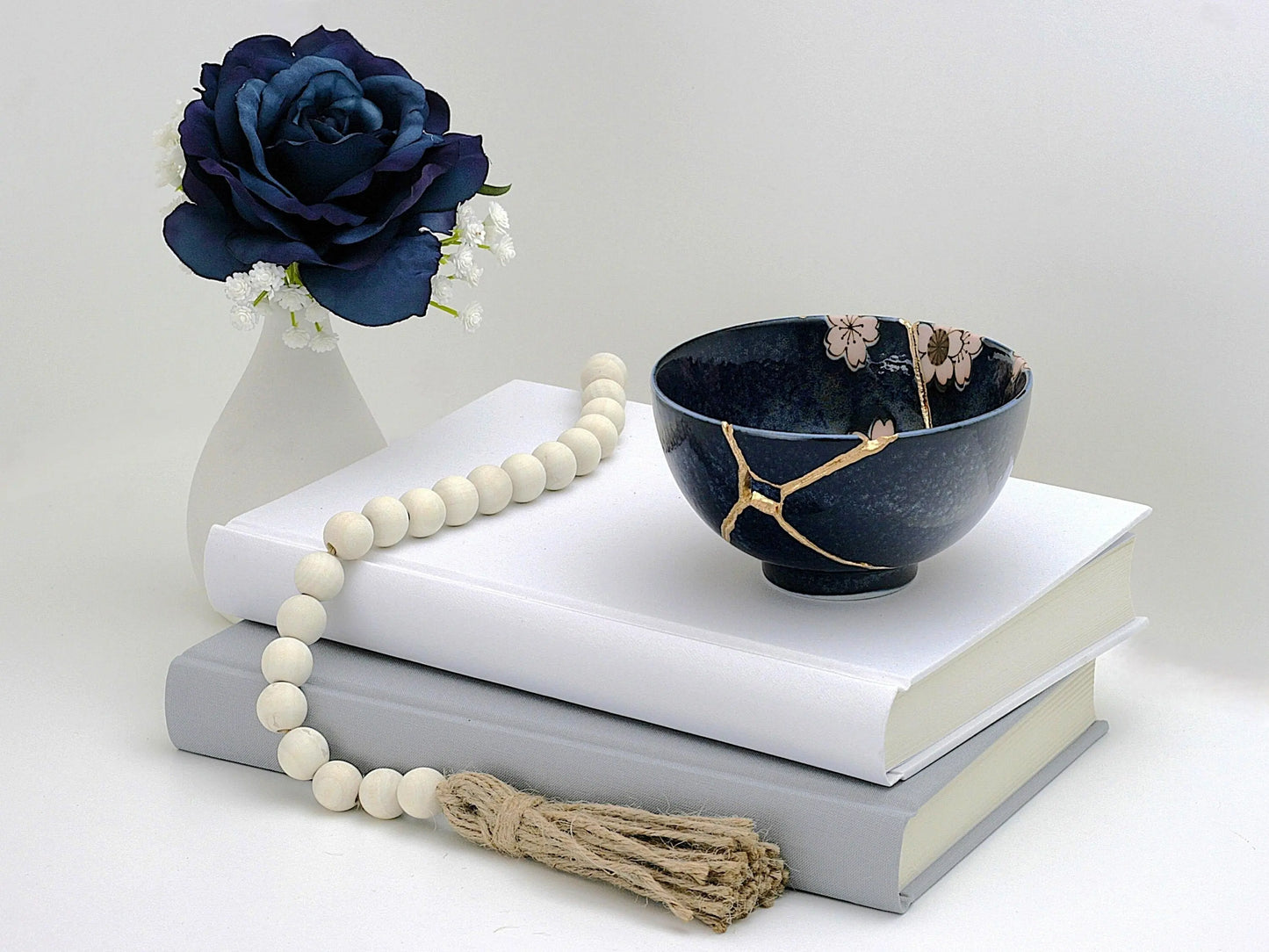 Medium Dark Blue Kintsugi Bowl with Sakura Pattern Kintsugi Reborn