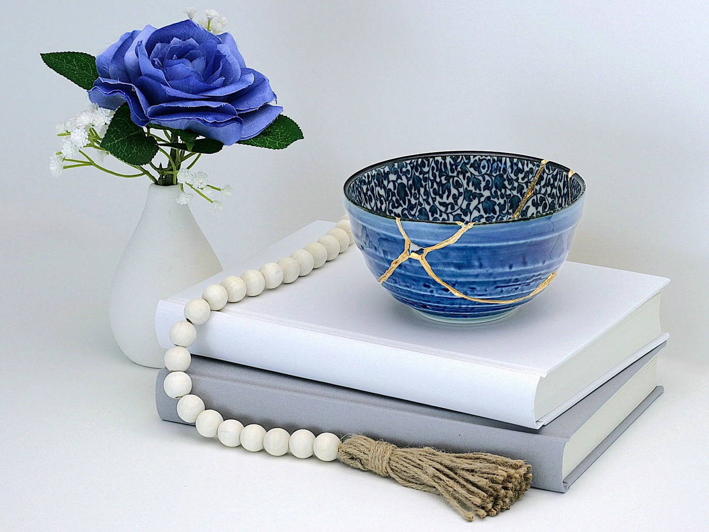 Large Blue Kintsugi Bowl with Ivy Pattern Kintsugi Reborn