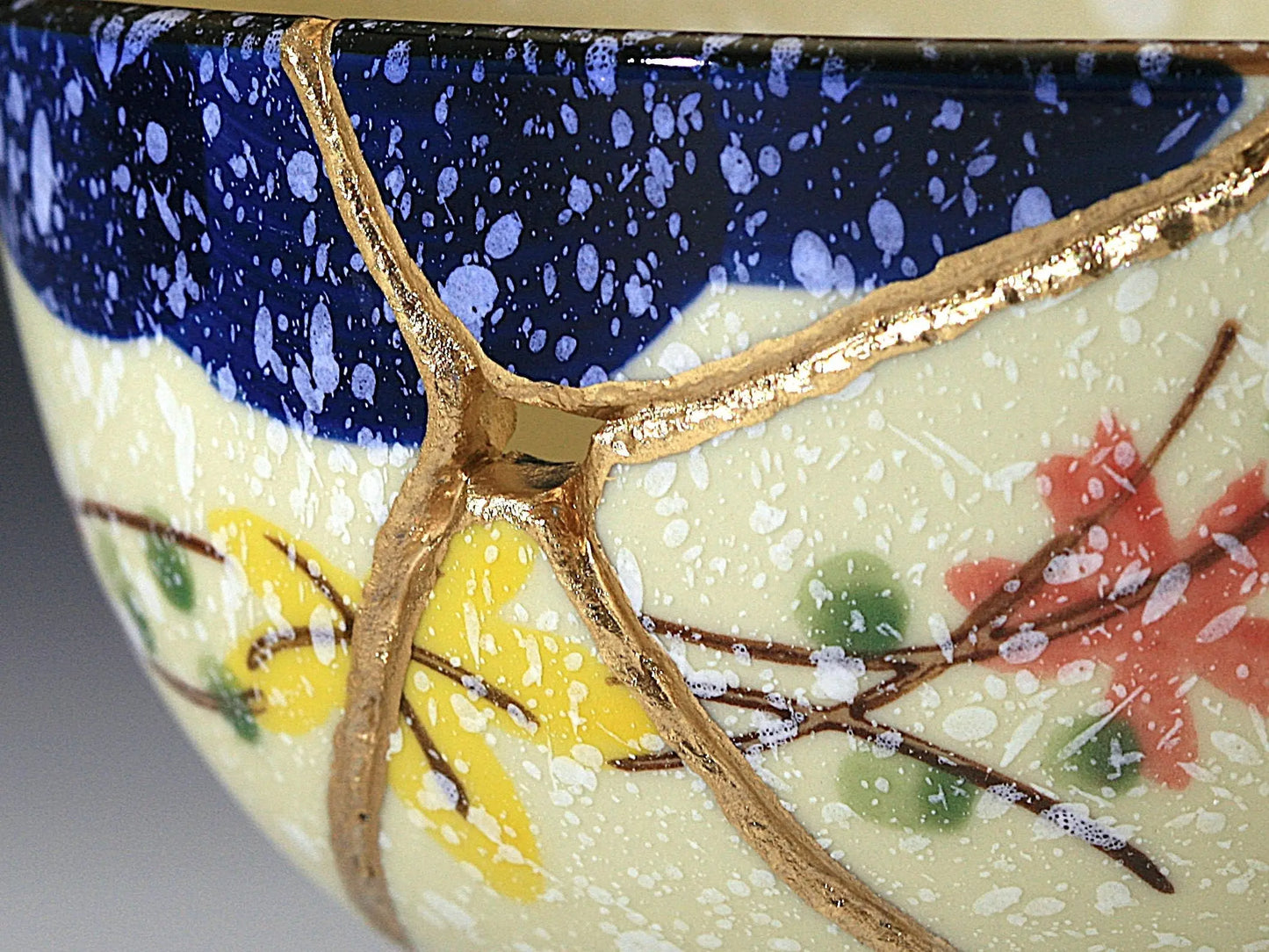 Medium Beige Kintsugi Bowl with Red and Yellow Flowers Kintsugi Reborn
