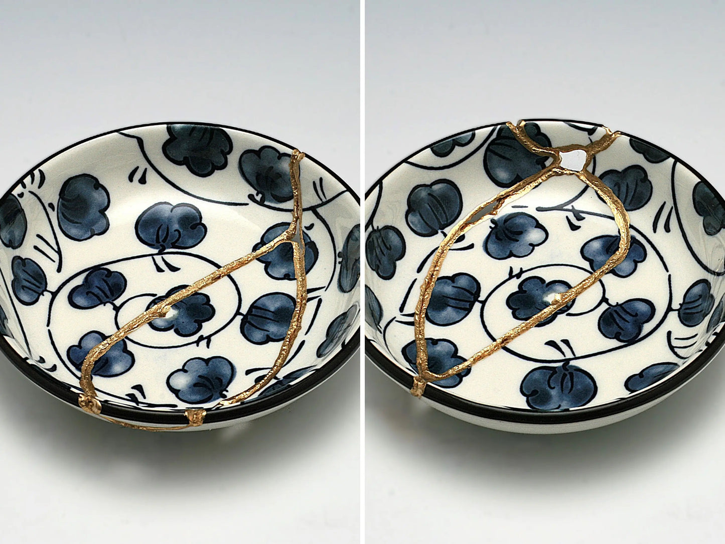 Small Blue and White Kintsugi Plate with Leaves Kintsugi Reborn