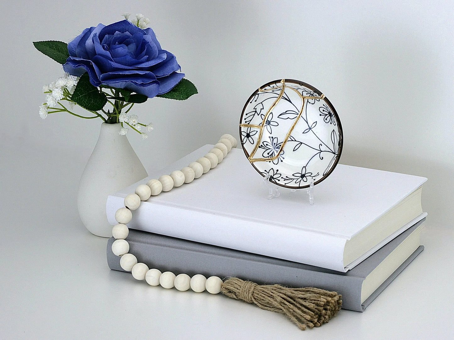 Small Blue and White Kintsugi Plate with Flower Images Kintsugi Reborn