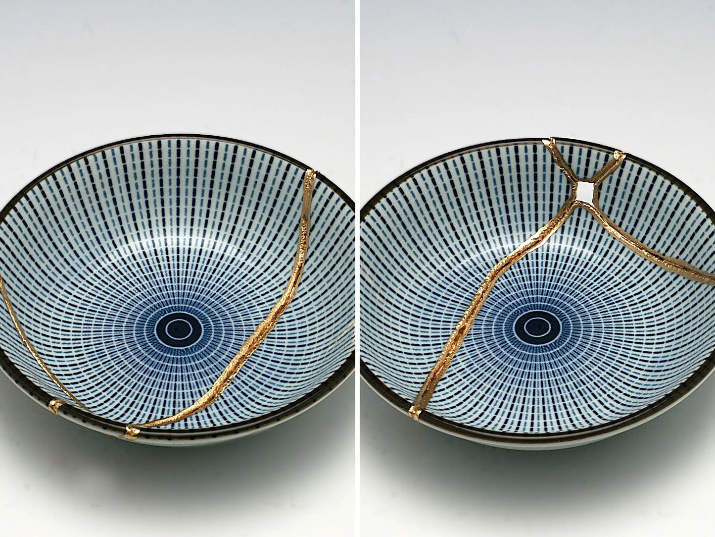 Small Blue and White Kintsugi Plate with Lines Kintsugi Reborn