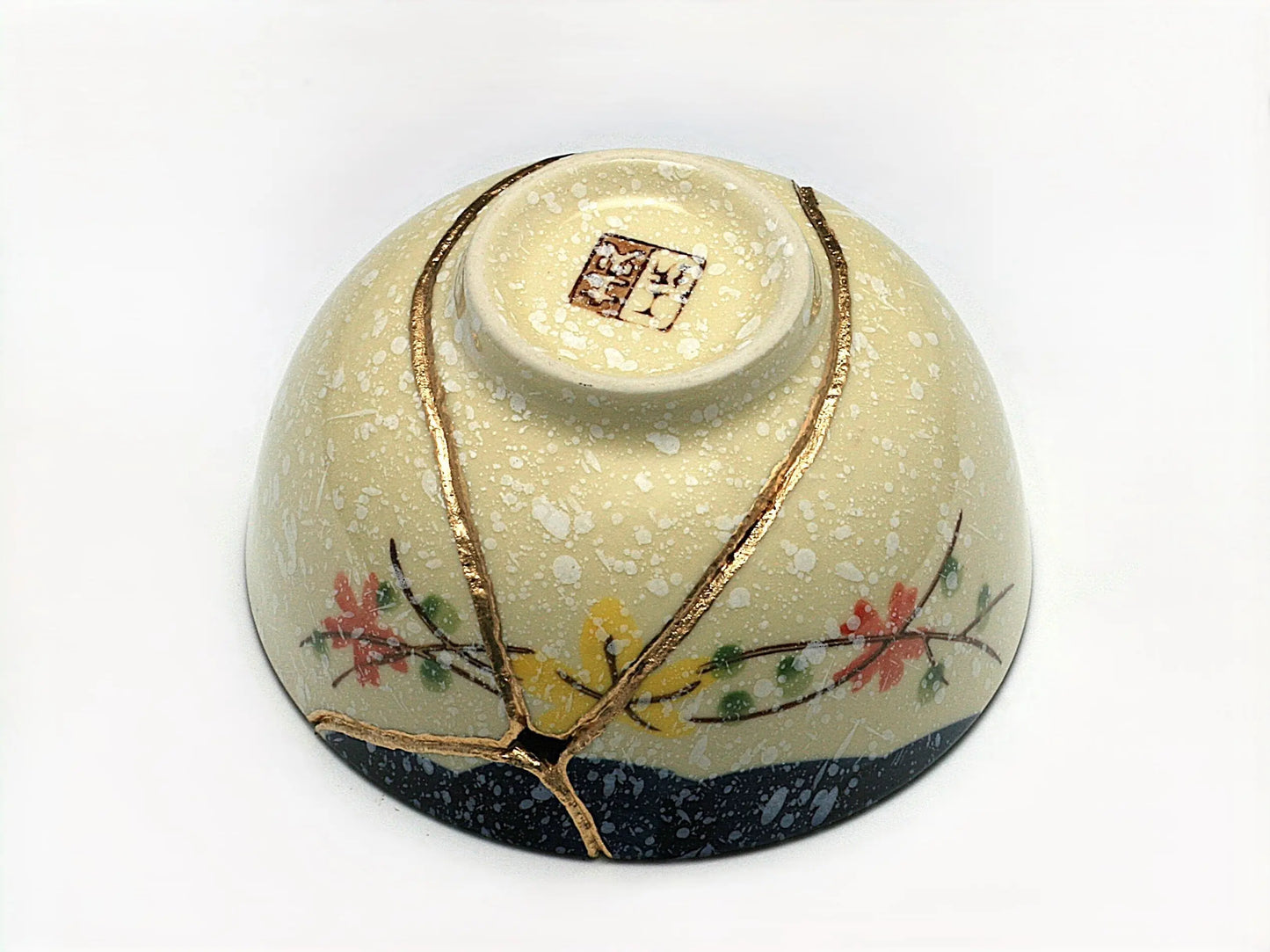 Medium Beige Kintsugi Bowl with Red and Yellow Flowers Kintsugi Reborn