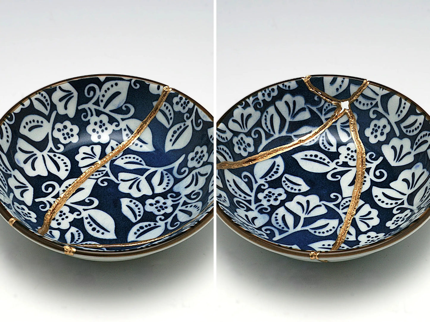 Small Blue and White Kintsugi Plate with Leaves Kintsugi Reborn