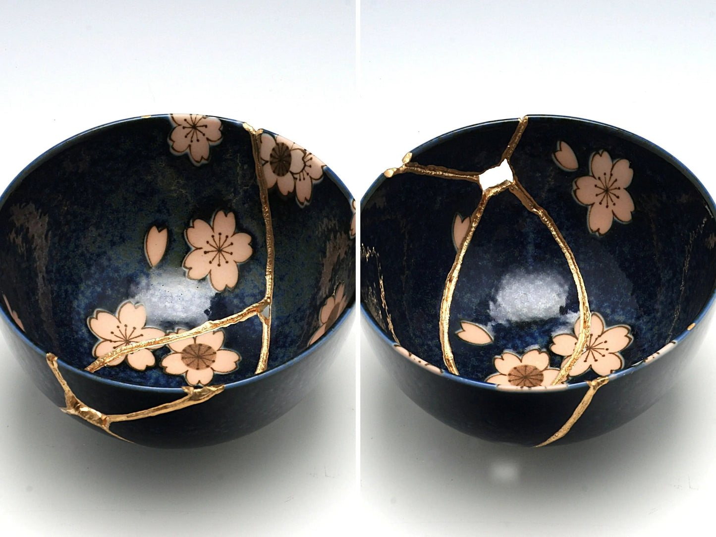 Medium Dark Blue Kintsugi Bowl with Sakura Pattern Kintsugi Reborn