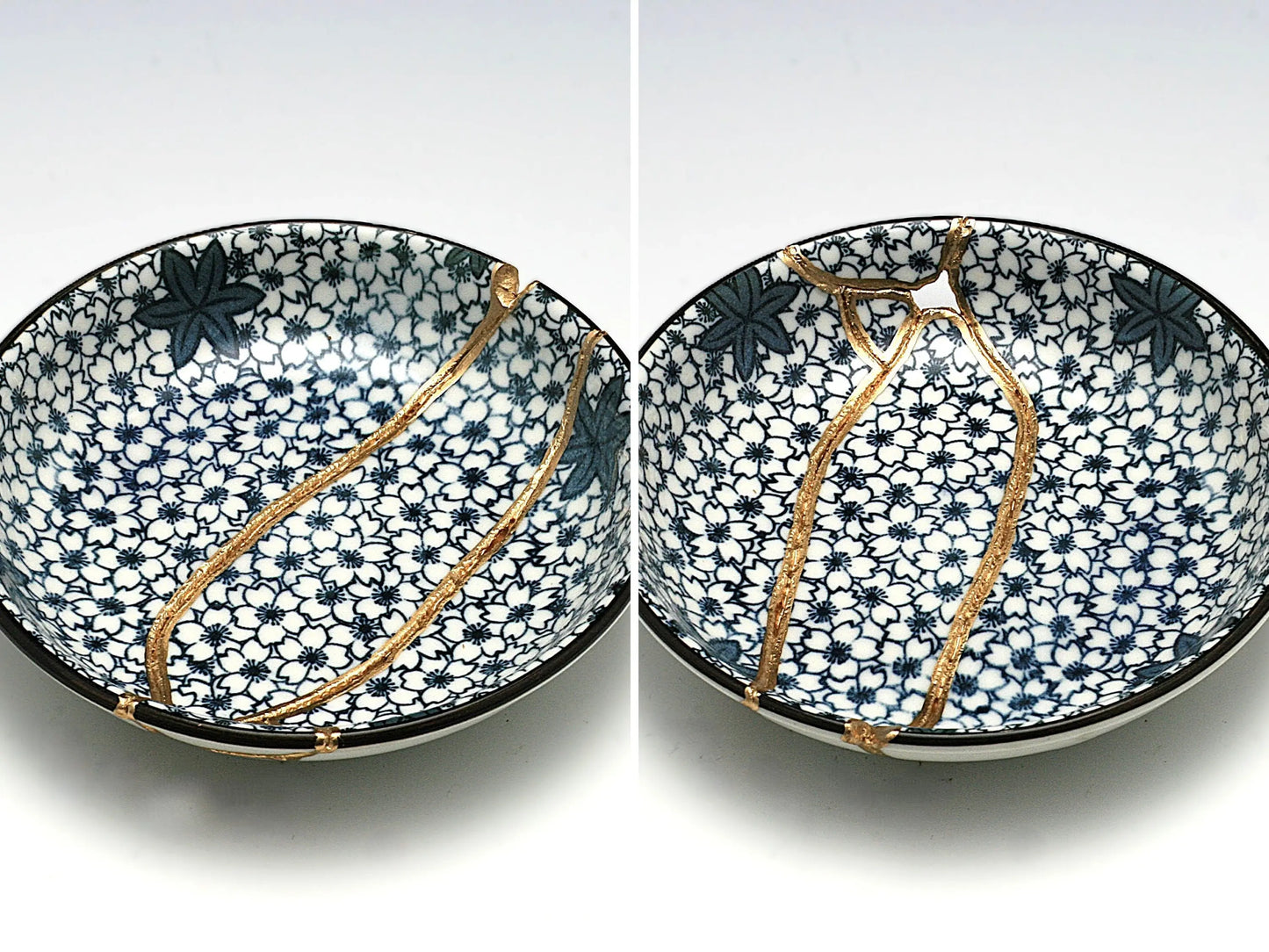 Small Blue and White Kintsugi Plate With Small Flowers Kintsugi Reborn