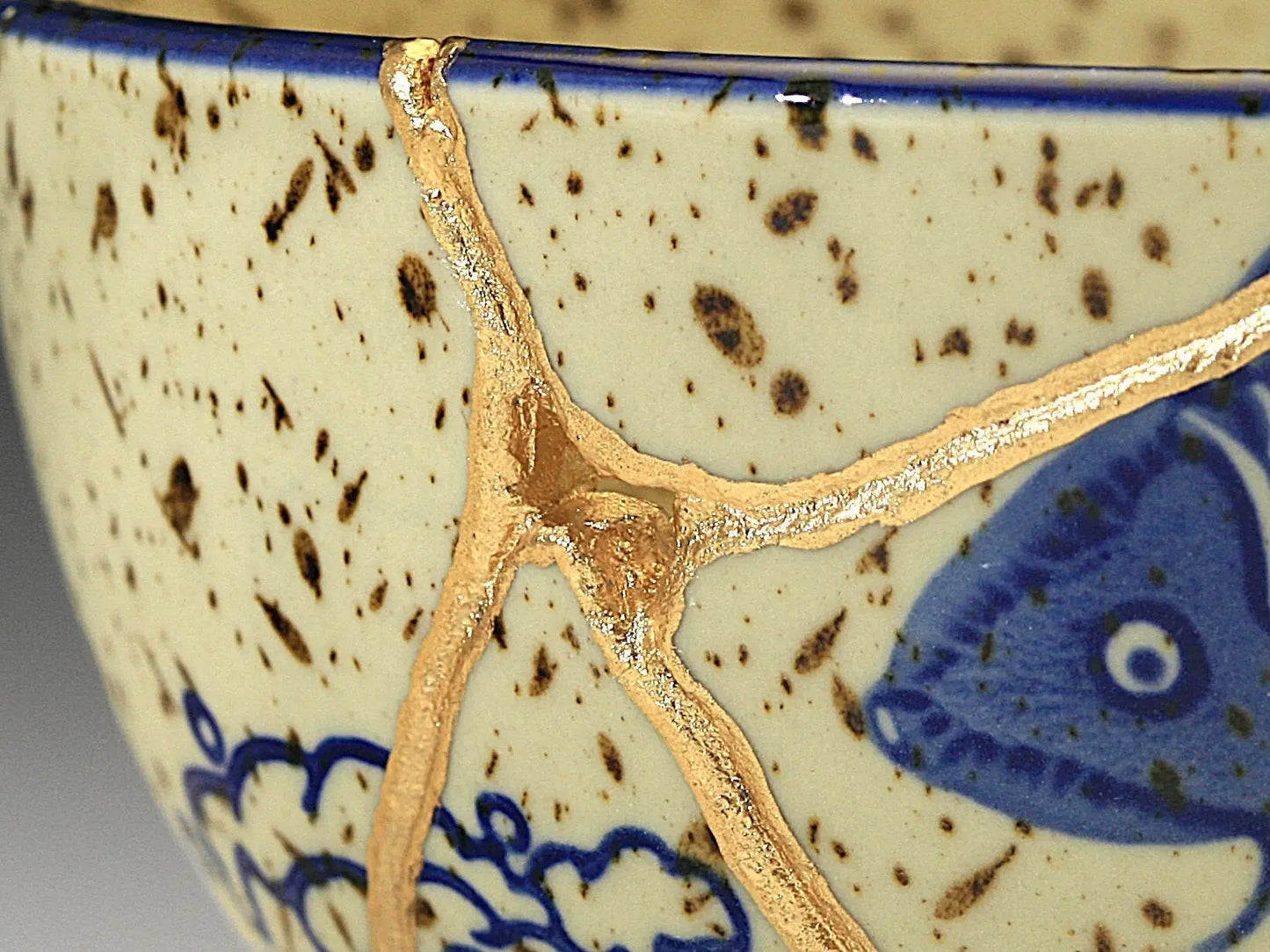 Medium Beige Kintsugi Bowl with Fish Image Kintsugi Reborn
