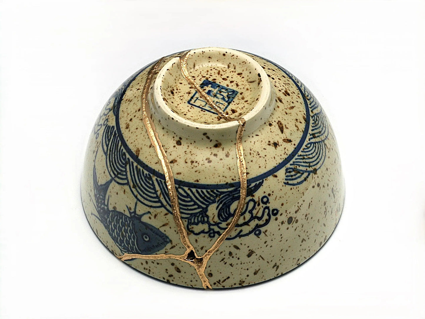 Medium Beige Kintsugi Bowl with Fish Image Kintsugi Reborn
