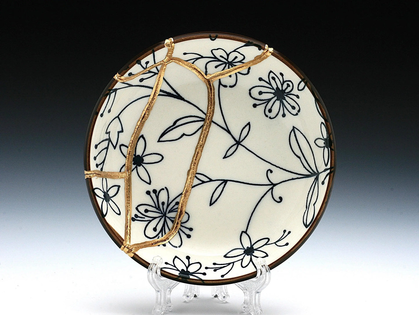 Small Blue and White Kintsugi Plate with Flower Images Kintsugi Reborn