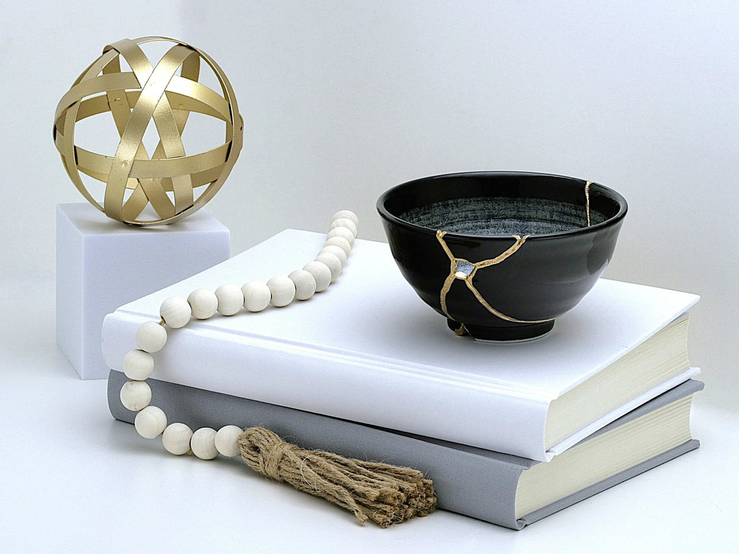 Medium Black and White Kintsugi Bowl with Swirl Pattern Kintsugi Reborn