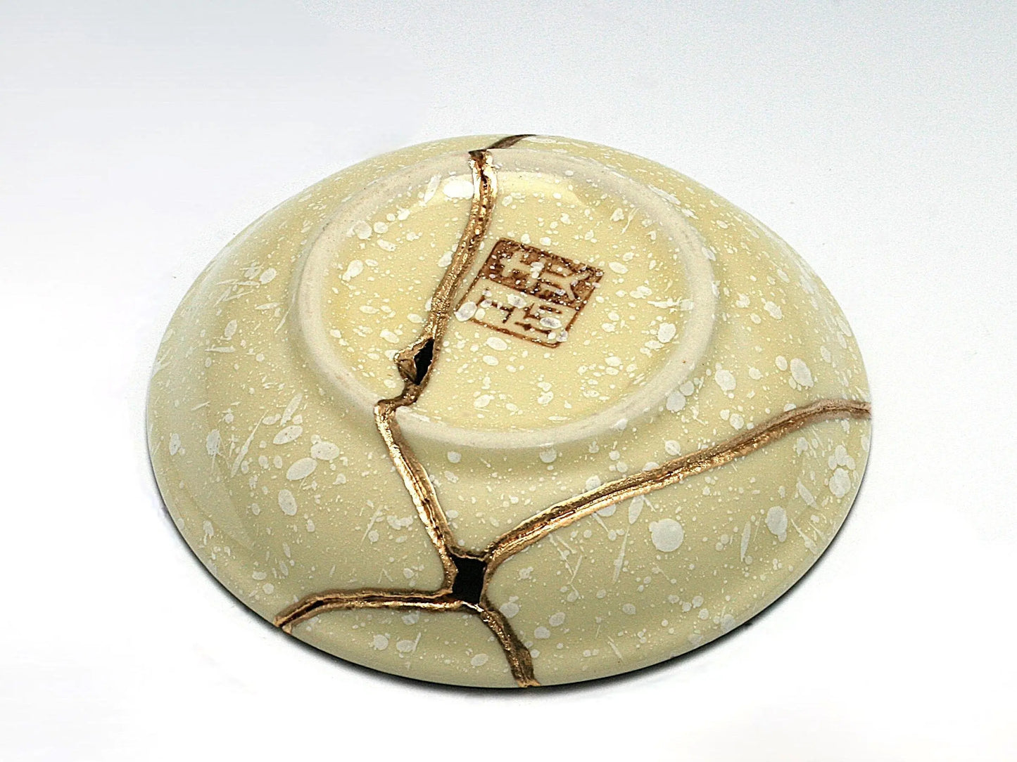 Small Beige Kintsugi Plate with Red and Yellow Flowers Kintsugi Reborn