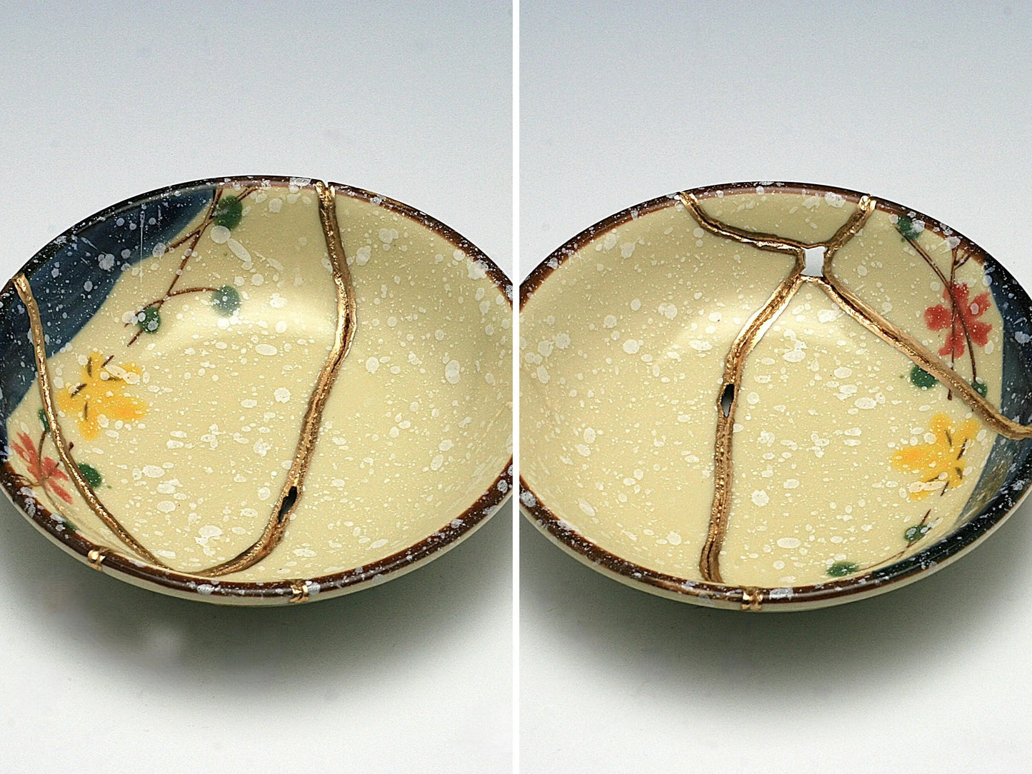 Small Beige Kintsugi Plate with Red and Yellow Flowers Kintsugi Reborn