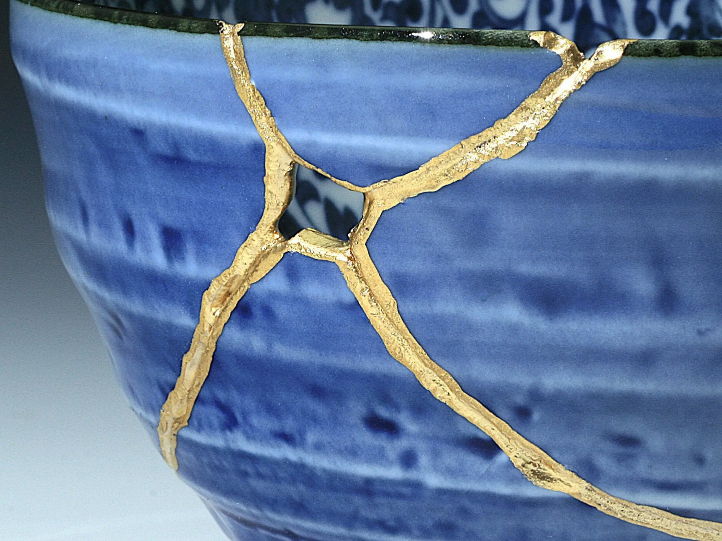 Large Blue Kintsugi Bowl with Ivy Pattern Kintsugi Reborn