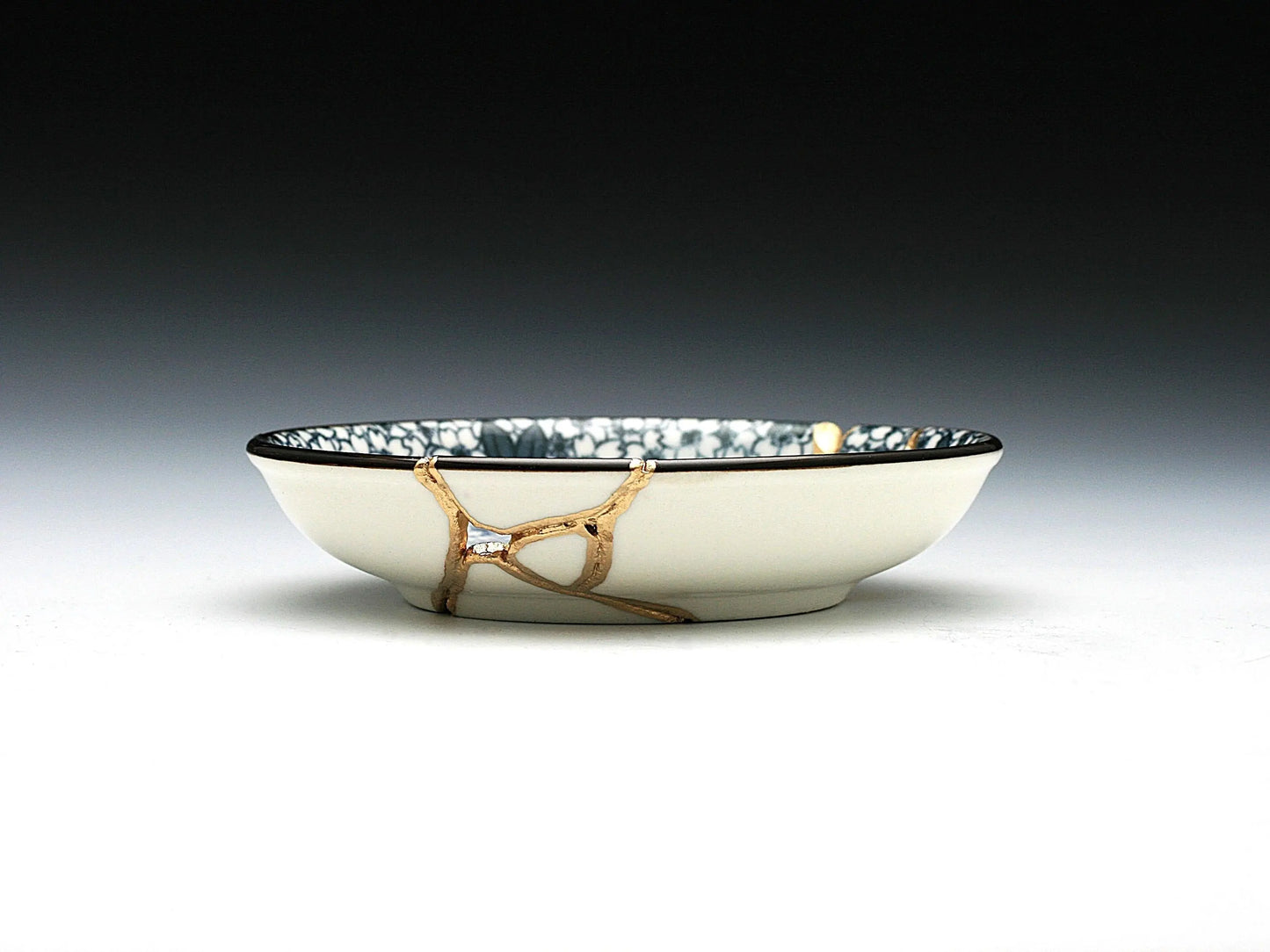 Small Blue and White Kintsugi Plate With Small Flowers Kintsugi Reborn
