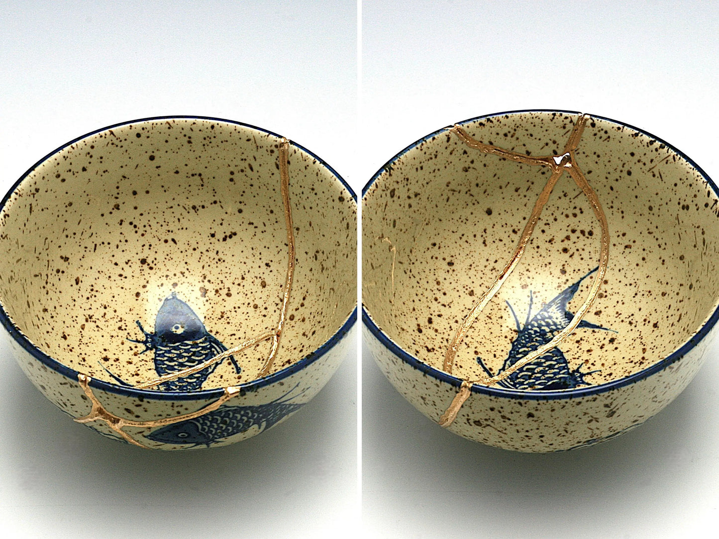 Medium Beige Kintsugi Bowl with Fish Image Kintsugi Reborn