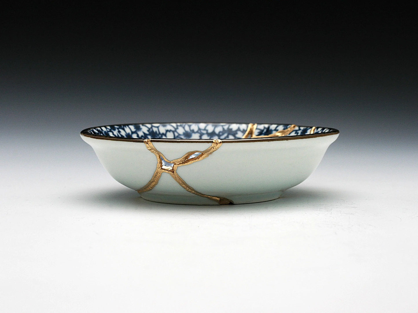Small Blue and White Kintsugi Plate with Small Flowers Kintsugi Reborn