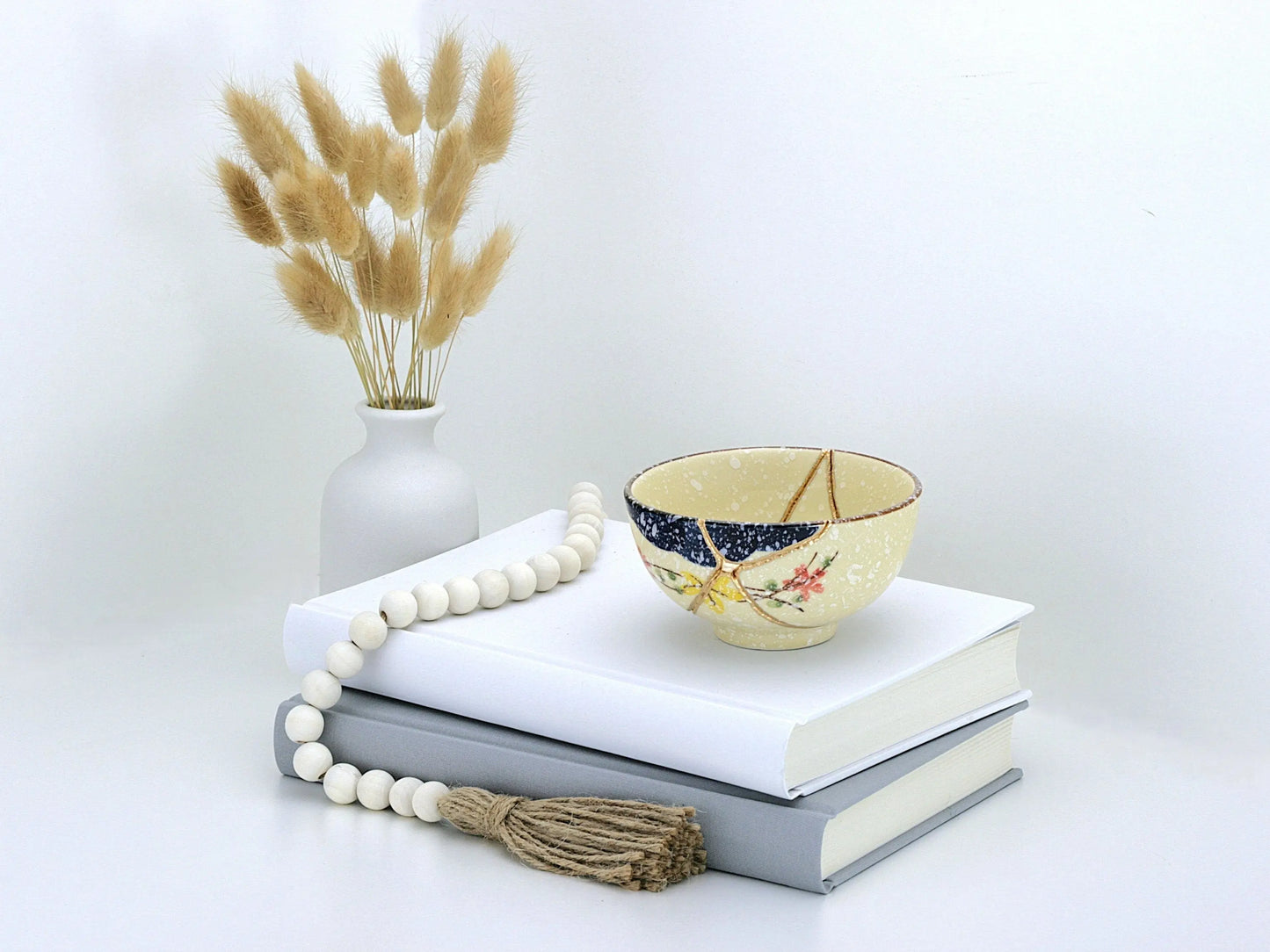 Medium Beige Kintsugi Bowl with Red and Yellow Flowers Kintsugi Reborn