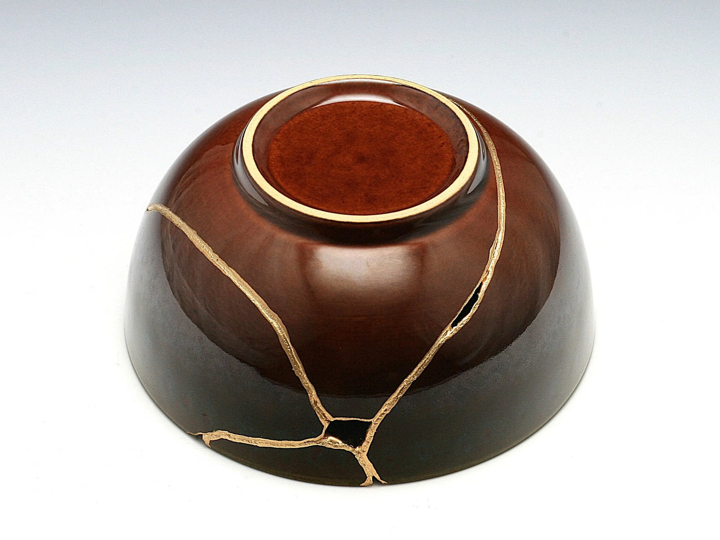 Large Brown Kintsugi Bowl with Peacock Pattern Kintsugi Reborn