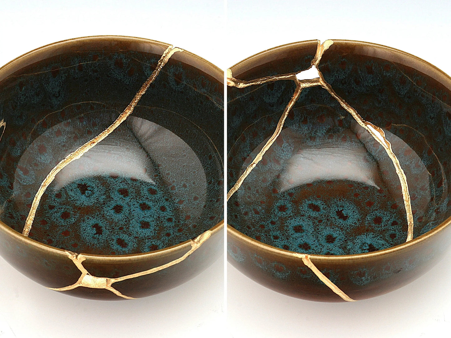 Large Brown Kintsugi Bowl with Peacock Pattern Kintsugi Reborn