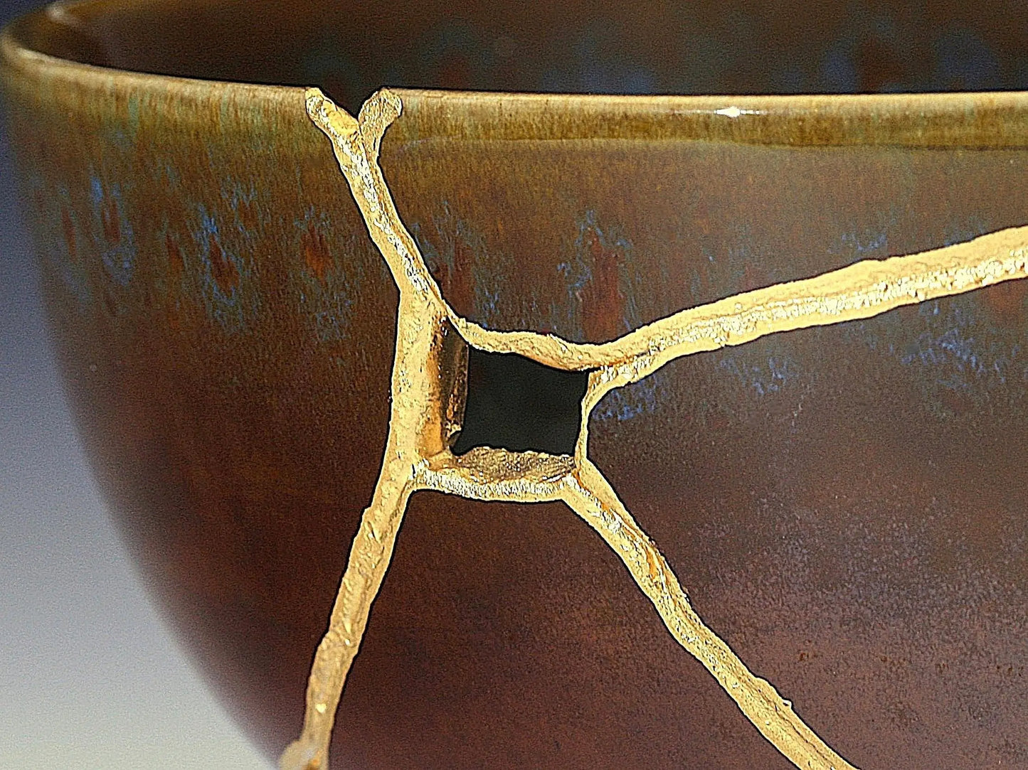Large Brown Kintsugi Bowl with Peacock Pattern Kintsugi Reborn