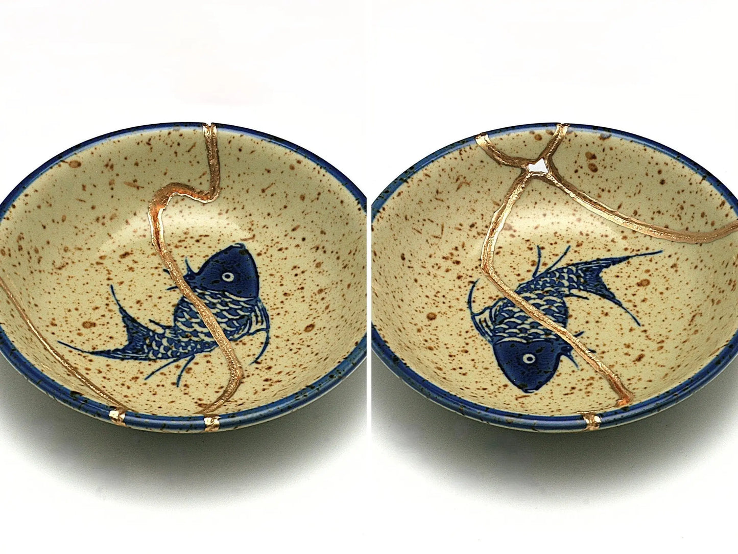 Small Beige Kintsugi Plate with Fish Image Kintsugi Reborn