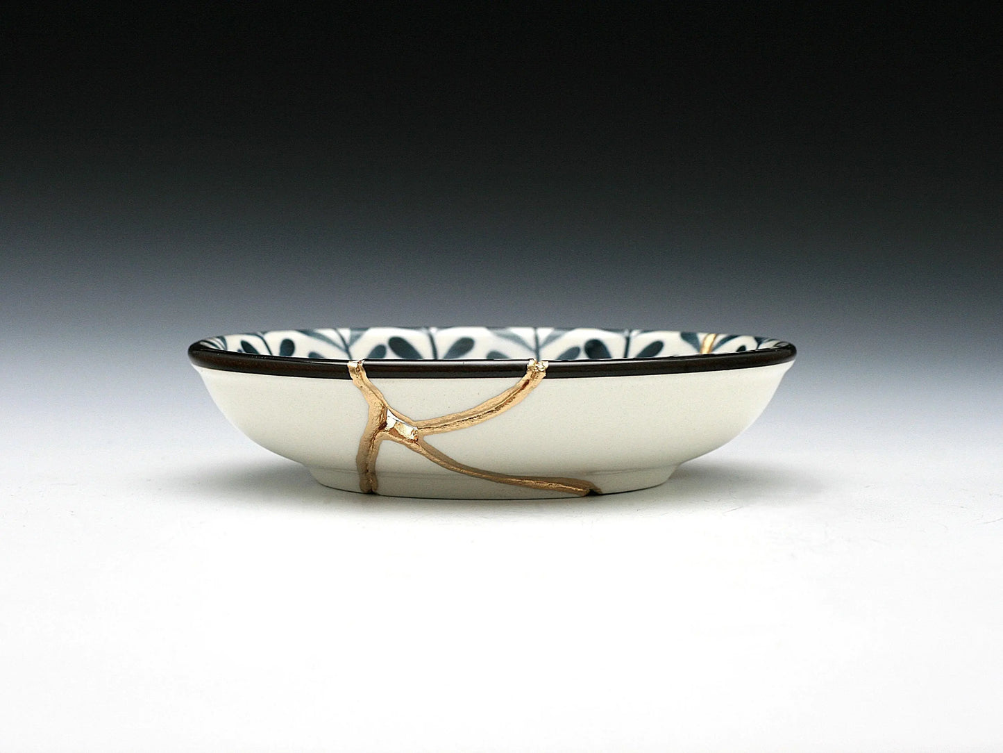 Small Blue and White Kintsugi Plate with Leaves and Swirl Kintsugi Reborn