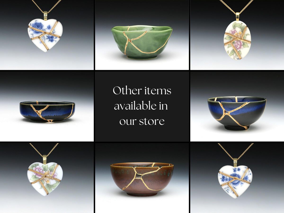 Blue Floral Kintsugi Heart Necklace, Gold Seam Porcelain Pendant, 20th Anniversary, China Anniversary