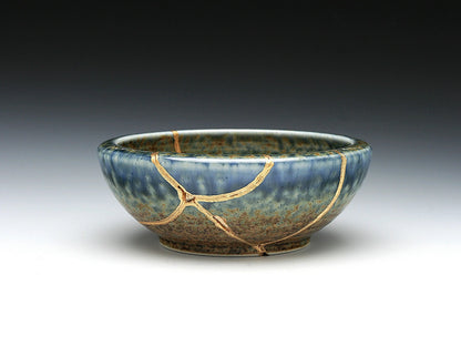 Medium Brown and Blue Kintsugi Bowl Kintsugi Reborn
